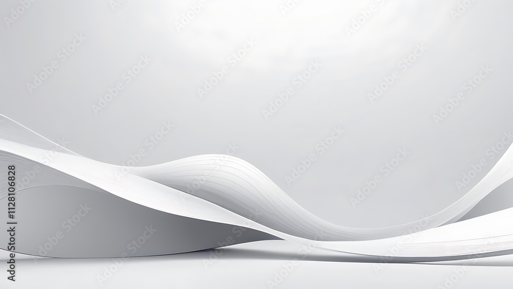 Poster minimalist digital abstract artwork with flowing white wave design on soft gray background