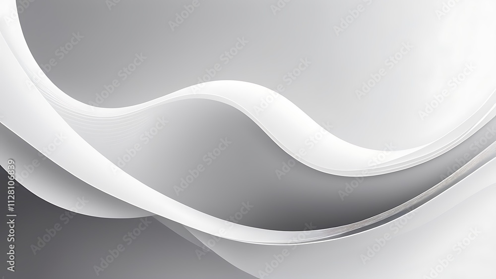 Poster minimalist digital abstract artwork with flowing white wave design on soft gray background