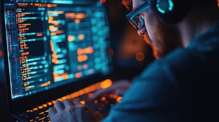 Futuristic hacker skillfully operating a glowing laptop with intricate cyber grids and encrypted data showcasing digital prowess and cybersecurity expertise