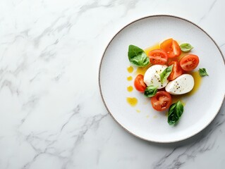 A fresh salad featuring tomatoes, mozzarella, and basil drizzled with olive oil.