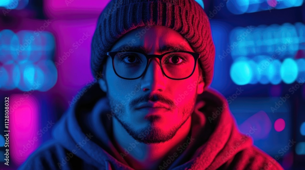 Poster playful hacker immersed in neon lit tech aesthetic environment showcasing hacking humor and a lighth