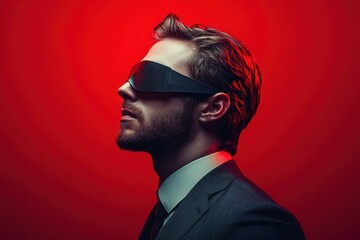 Businessman Blindfolded in Suit Against Red Background