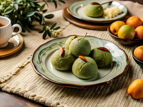Tasty Green moci served with fruit. Delicious Food Background