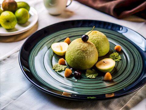 Tasty Green moci served with fruit. Delicious Food Background