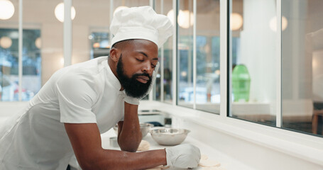 Sleeping, tired and chef with black man in kitchen of coffee shop for overworked, burnout or food...