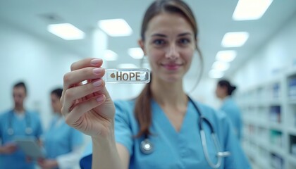 Smiling Female Doctor Holding a Test Tube Labeled "Hope" in a Bright Medical Laboratory Setting