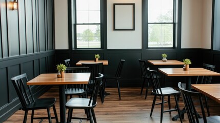 Fototapeta premium Cozy and Welcoming Casual Dining Restaurant Interior with Wooden Tables Chairs and Decorative Elements Creating a Homey and Relaxing Ambiance for Customers