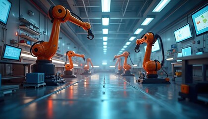 Industrial Robotic Arms Operating in a High-Tech Automated Factory
