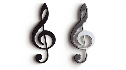 Fototapeta premium Two 3D treble clef musical symbols, black and grey, on a white background.