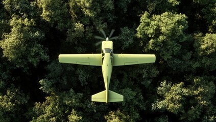 An airplane flies over the forest.