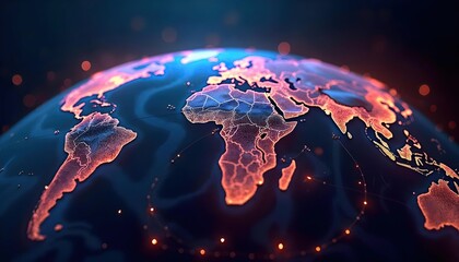 Global Network Map Highlighting Continents in Neon Light
