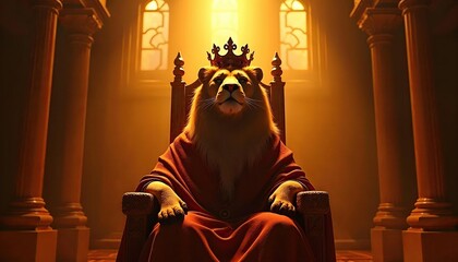 Lion King Sitting on Throne in Royal Palace