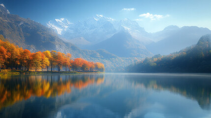 Obraz premium Majestic winter landscape of snow-covered mountains reflected in a tranquil lake surrounded by frosty trees serene atmosphere evoking peace solitude natural beauty and the timeless power of nature