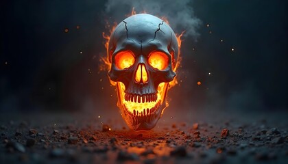 Burning Skull With Glowing Eyes in Dark Smoky Background