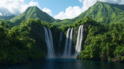 Fototapeta premium Fantasy concept. Lush waterfalls cascading into a serene tropical landscape.