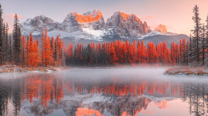 Majestic winter landscape of snow-covered mountains reflected in a tranquil lake surrounded by frosty trees serene atmosphere evoking peace solitude natural beauty and the timeless power of nature