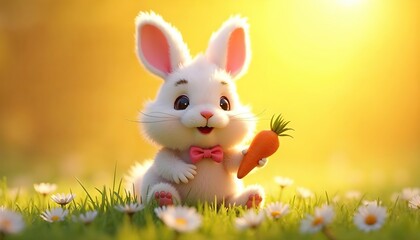 Cute Bunny Holding A Carrot In A Sunny Field
