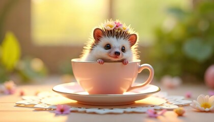Hedgehog Sitting Inside A Teacup Surrounded By Flowers