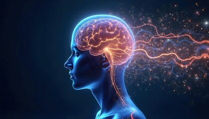 Human Brain with Glowing Neural Networks and Energy Waves Representing Thought and Cognitive Processes