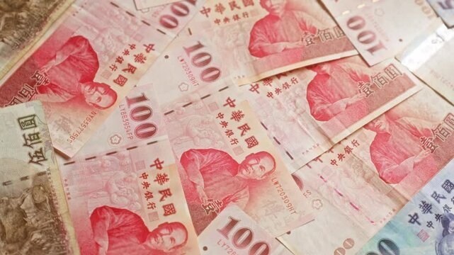 Chinese yuan banknotes from the central bank of china laid out for a financial and economic concept.