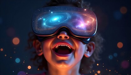 Child Experiencing a Virtual Galaxy Through VR Headset with Excitement and Cosmic Lights in Dark Room