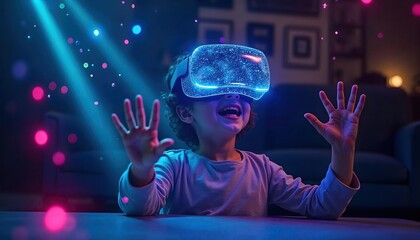 Child Immersed in Virtual Reality with VR Headset and Glowing Magical Lights in a Dark Room Setting