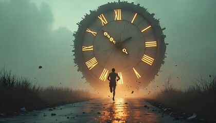 Runner Escaping from a Giant Cracked Clock Symbolizing Time Pressure in a Dramatic Foggy Setting