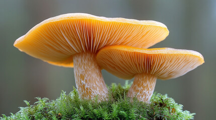 Mushrooms growing on vibrant green moss in a serene forest setting evoking themes of growth renewal and connection to nature symbolizing resilience and the interconnectedness of ecosystems