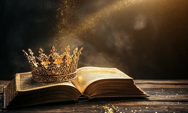 A golden crown sits on top of an open book
