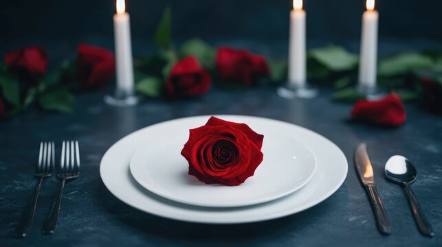 Elegant table setting for a romantic luxury dining experience featuring candles red roses and a sophisticated ambiance  This high end tablescape setup is perfect for a special occasion - Powered by Adobe