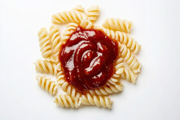Fusilli pasta with sauce on white background