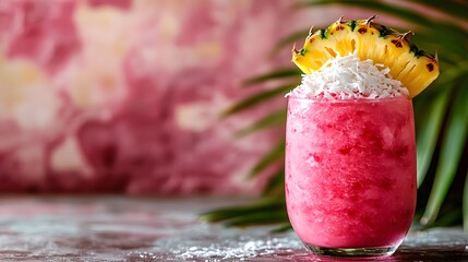 Watermelon Slush is a vibrant, refreshing drink topped with coconut and garnished with a pineapple slice, perfect for summertime relaxation and tropical vibes.