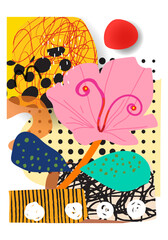 Abstract flowers and plants collage geometric rough  line art vector art poster illustration. Aesthetic floral design for cover, art print, cards, decoration and wall art.
