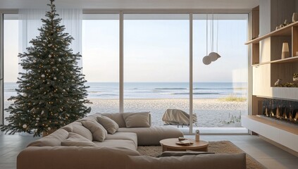 Obraz premium Cozy Christmas living room with ocean view.