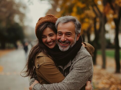 A happy senior man carrying his wife on his back.