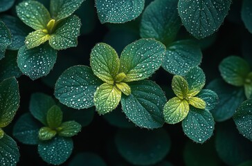 Macro Photography of Water Droplets on Green Leaves with Morning Sunlight and Dewy Texture