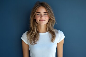 Fototapeta premium Portrait of a beautiful young woman in a white t-shirt against a blue background.