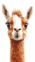 Obraz premium Close-up portrait of a cute llama with brown fur and white markings on its face, looking directly at the camera with a friendly expression.