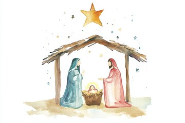 Watercolor painting of Baby Jesus, Mary and Joseph in Bethlehem.	