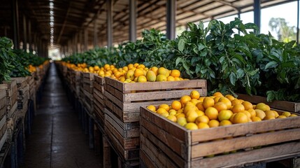 Abundant orange harvest in wooden crates at sunny farm warehouse