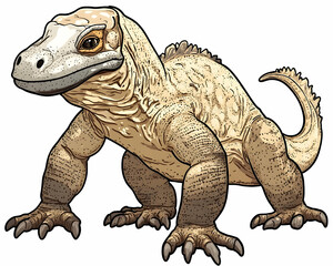Fototapeta premium Illustration of a light beige Komodo dragon, standing on all fours, with detailed scales and claws.