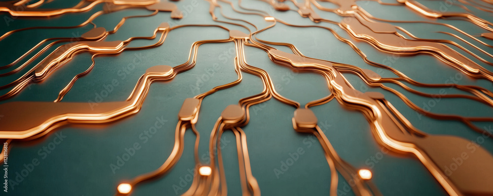 Poster a close-up view of intricate circuit patterns with copper traces on a blue surface, showcasing techn