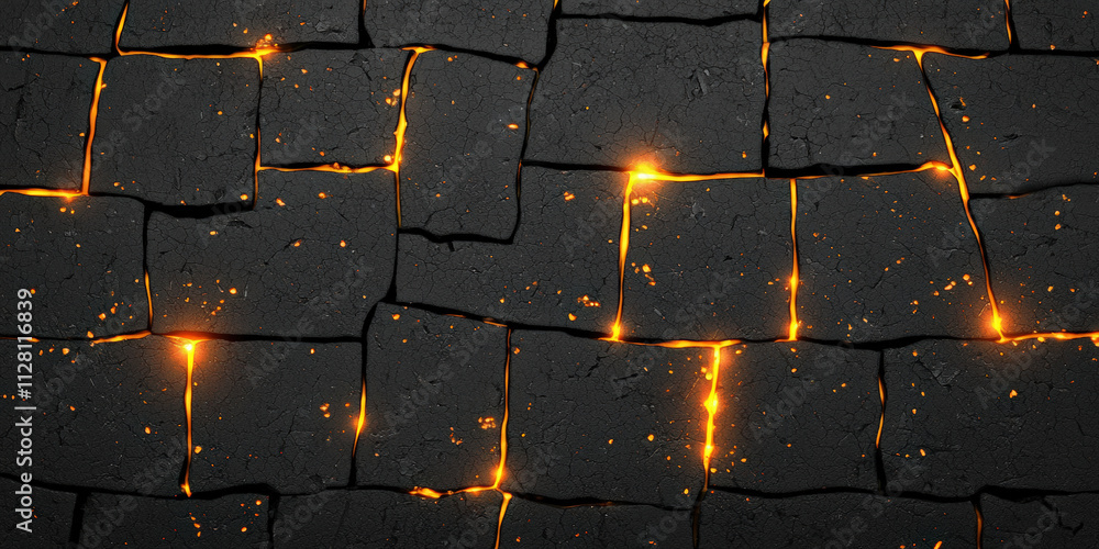 Poster a textured surface of dark tiles with glowing cracks, creating a striking contrast between light and