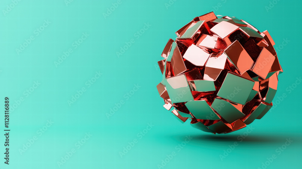 Poster a shiny, abstract sphere composed of reflective, fragmented shapes sits against a vibrant teal backg