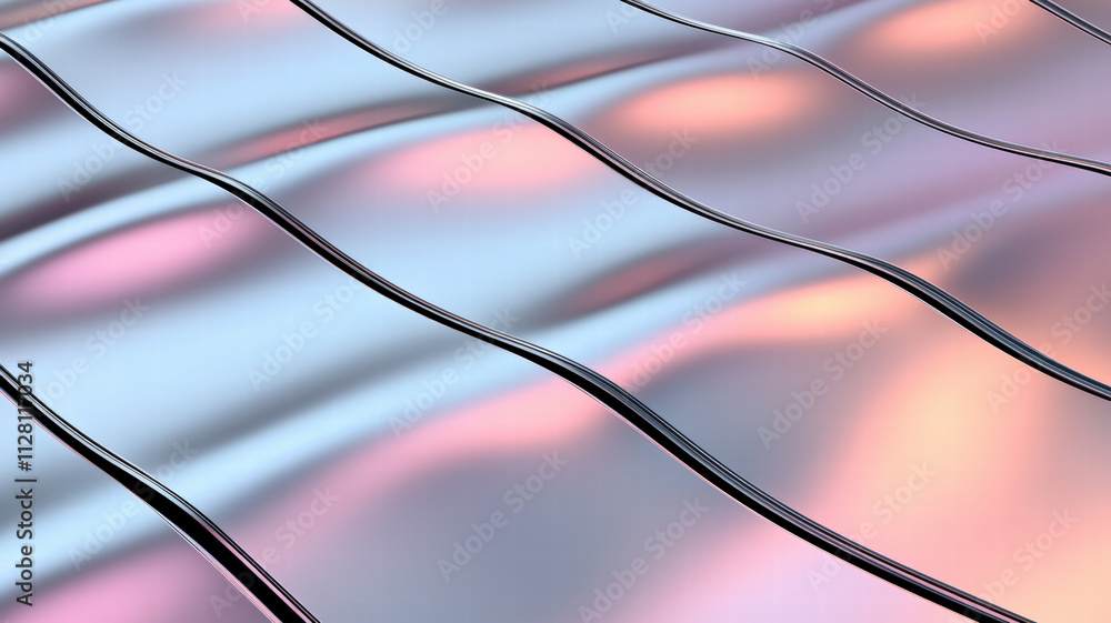 Poster a smooth, wavy surface with iridescent colors reflecting light, creating a mesmerizing visual effect