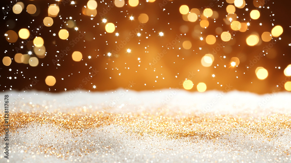 Poster a shimmering golden background with soft snow-like textures, creating a festive and magical atmosphe