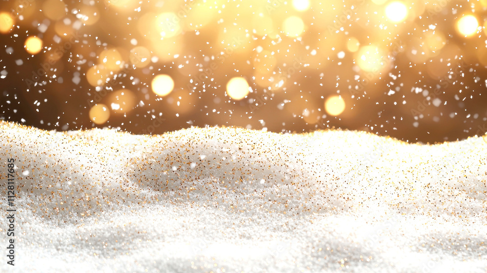 Poster a sparkling landscape of snow with glowing golden bokeh lights in the background, creating a magical