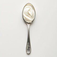 top view white yogurt on a silver spoon with a simple design isolated on a solid background. National Frozen Yogurt Day