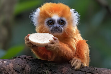 Obraz premium Adorable golden lion tamarin monkey eating a piece of bread while sitting on a tree branch.