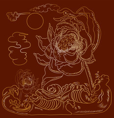 Traditional Japanese Lotus and curve for background and backdrop.Elements for art painting and design.Gold lotus with Chinese clouds and wave vector illustration.